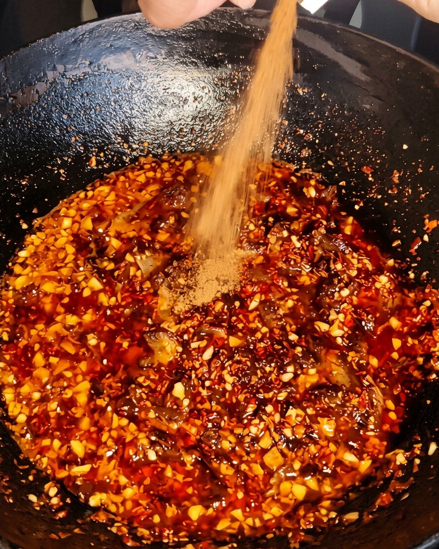 Polvo de especias secas añadiéndose a la mezcla de carne y chile a fuego lento en el wok.