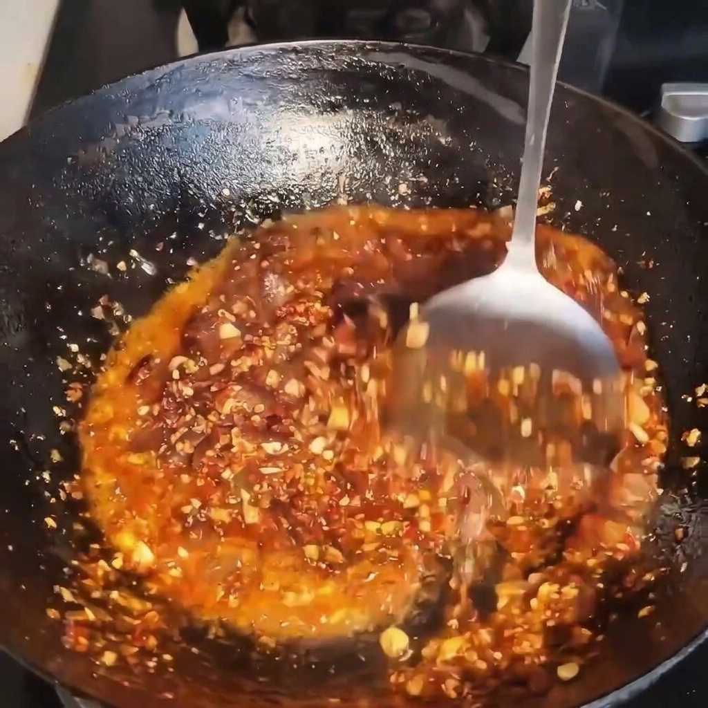 Una espátula de metal removiendo una vibrante salsa de carne roja y aceitosa en un wok sazonado.