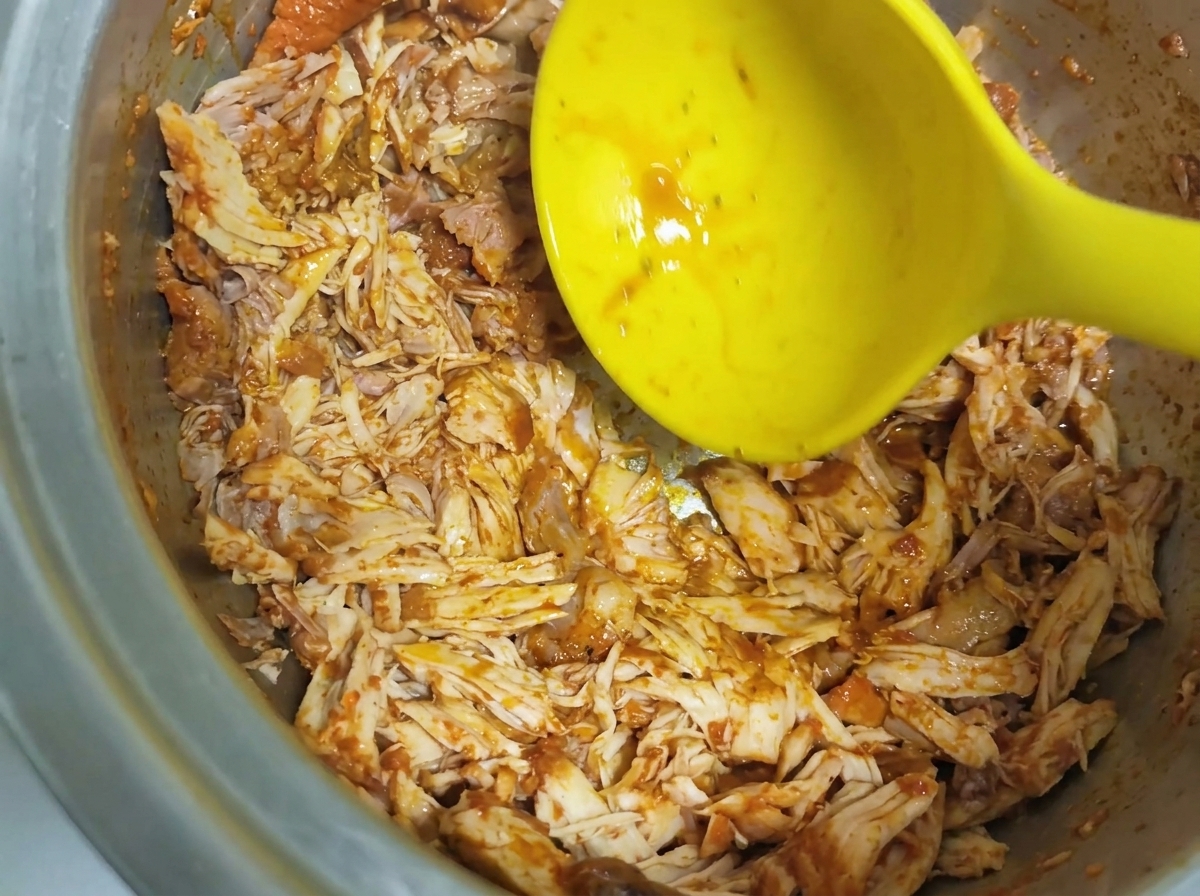 Carne cocida totalmente desmenuzada siendo mezclada en una olla grande de metal con un cucharón amarillo.