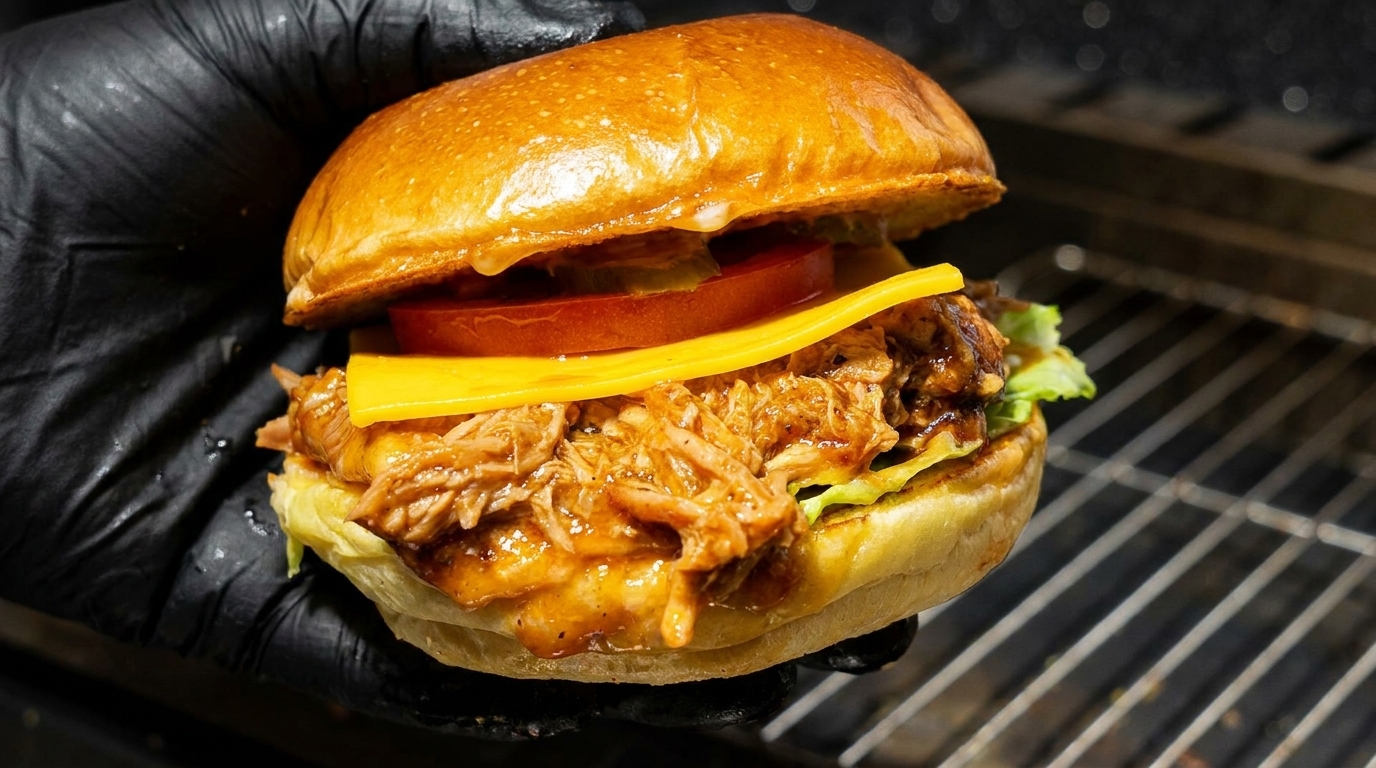 Una hamburguesa cargada de cerdo desmenuzado a la barbacoa con carne tierna, queso fundido y tomate fresco en un pan tostado.