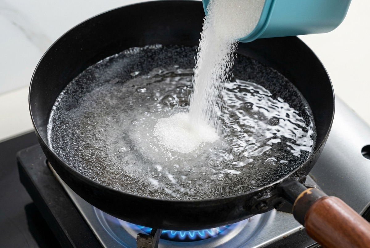Sal siendo vertida desde un recipiente azul en una olla negra con agua hirviendo y gotas de aceite en la superficie.