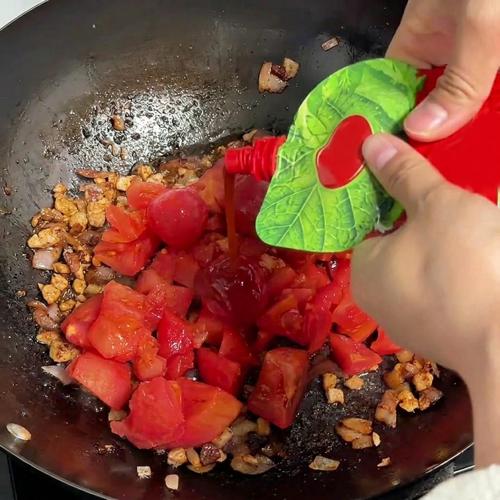 Pasta de tomate roja espesa siendo exprimida desde un paquete hacia la mezcla de carne y tomate que hierve en un wok.