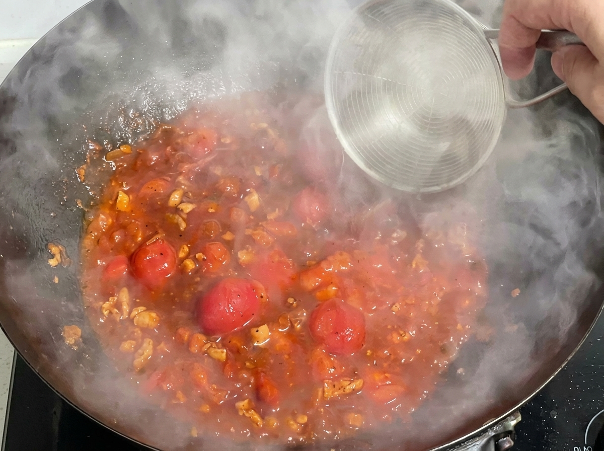 Un pequeño cuenco de agua siendo vertido en la salsa roja de tomate y carne que hierve a fuego lento en un wok.