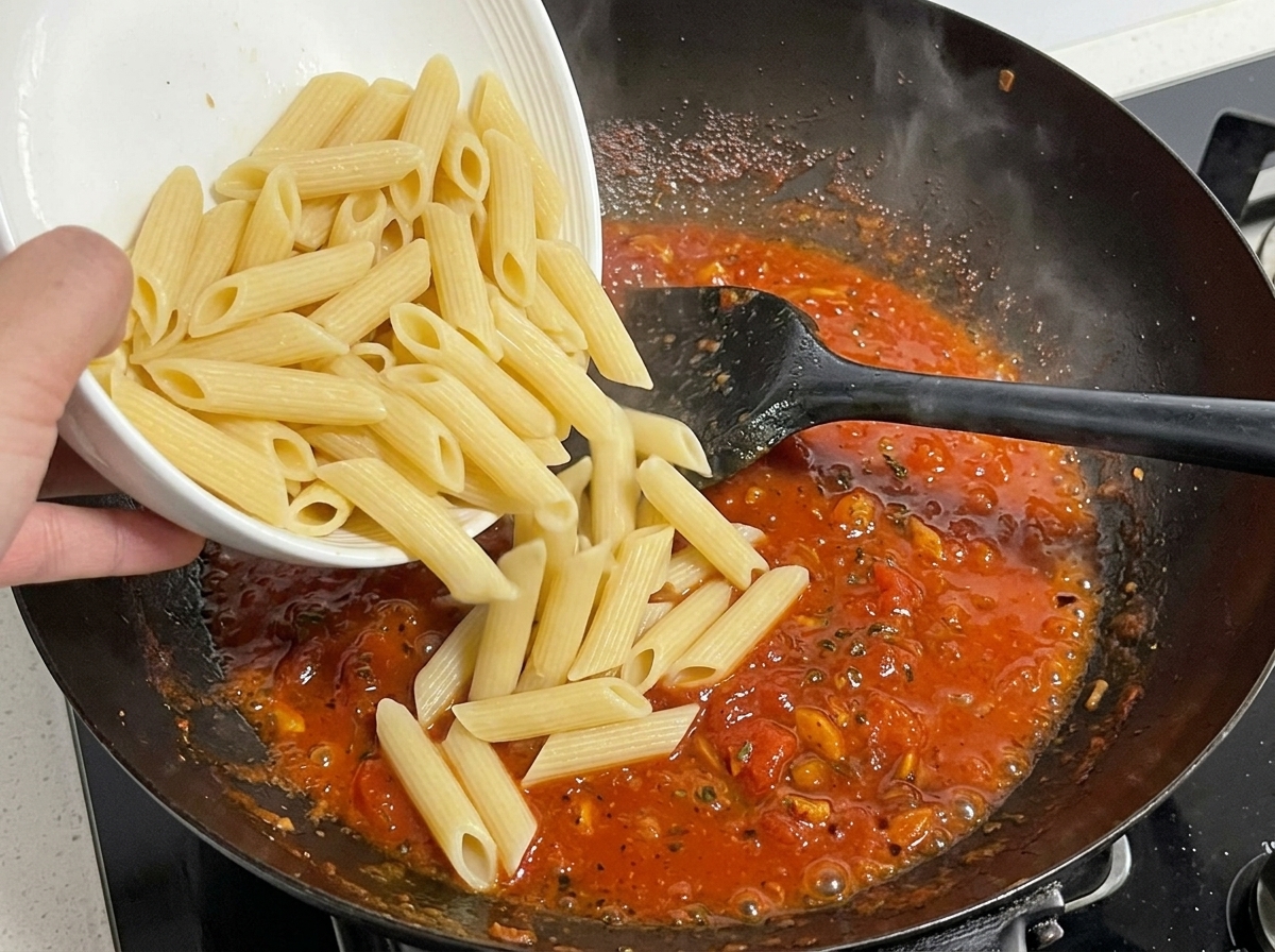Pasta penne hervida siendo vertida desde un cuenco blanco en la salsa roja de carne hirviendo en un wok.