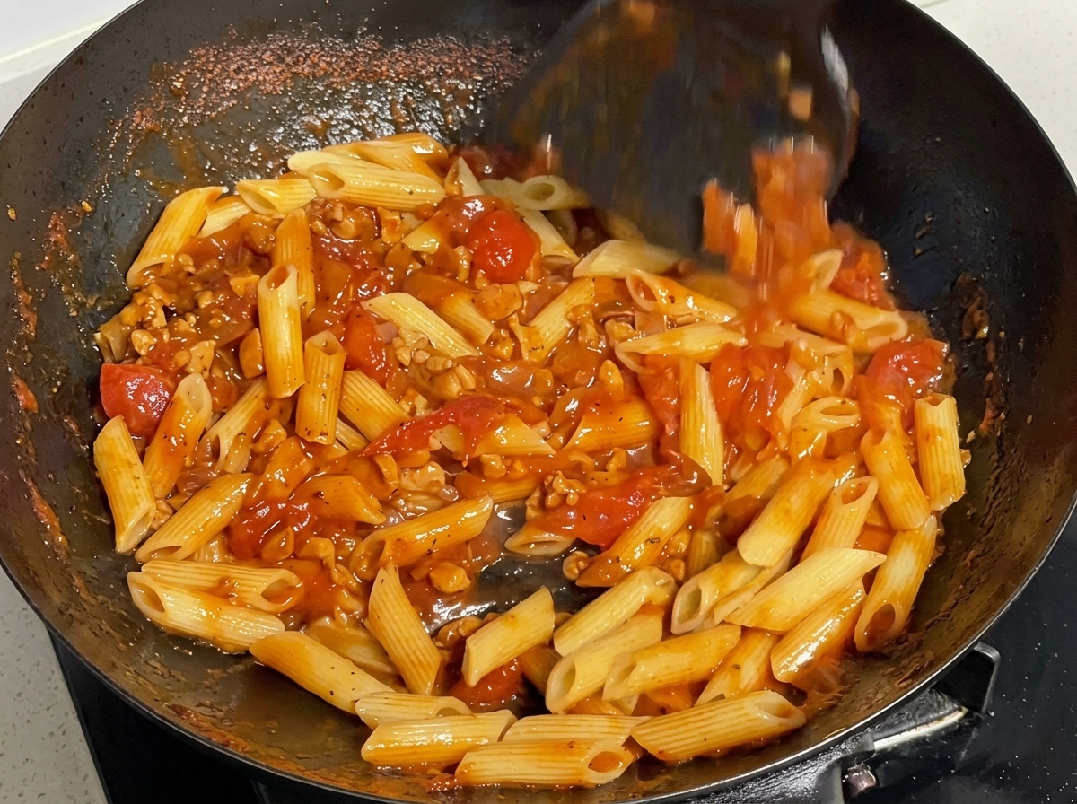 Una espátula negra mezclando pasta cocinada en una salsa de tomate y carne roja burbujeante en un wok caliente.