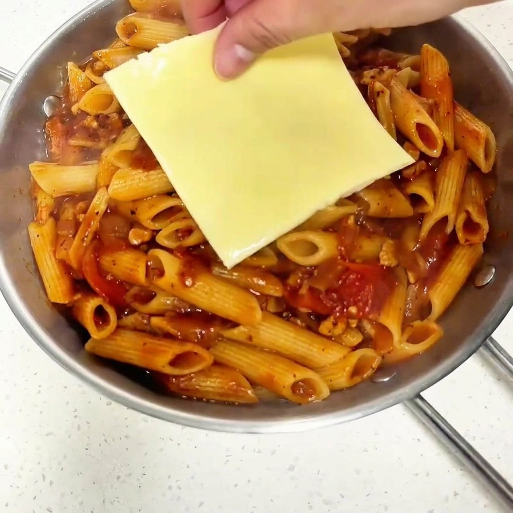 Una loncha de queso amarillo pálido siendo colocada sobre los macarrones con salsa de carne y tomate terminados en un plato de servir.