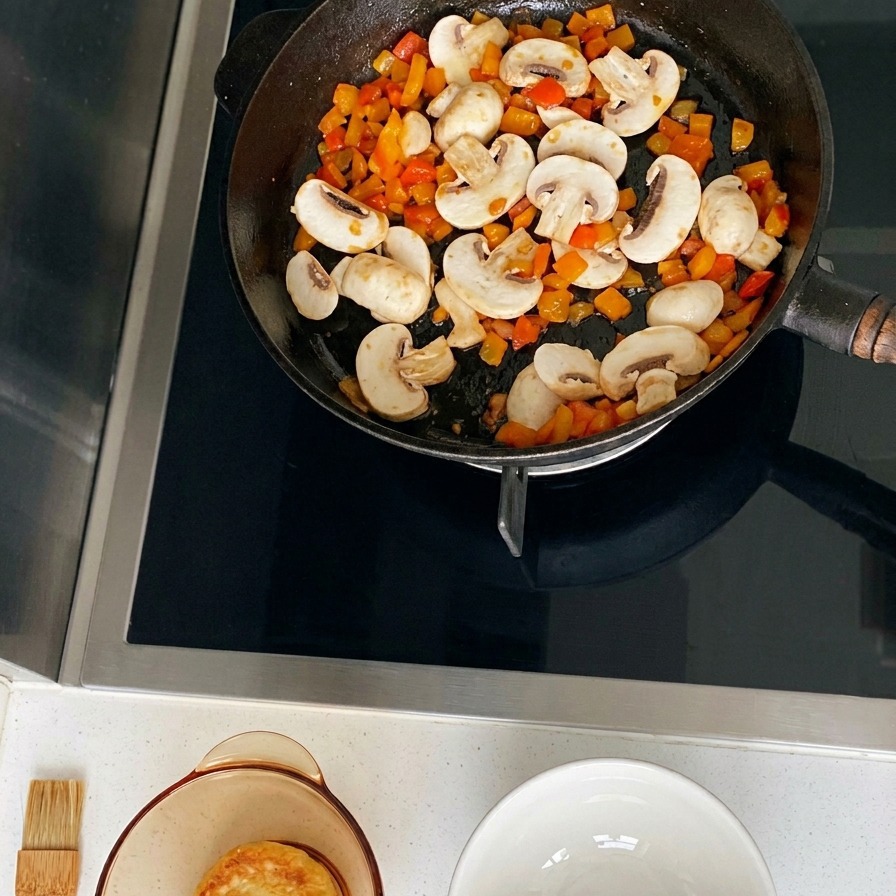Champiñones en láminas y verduras picadas siendo salteados juntos en una sartén negra.
