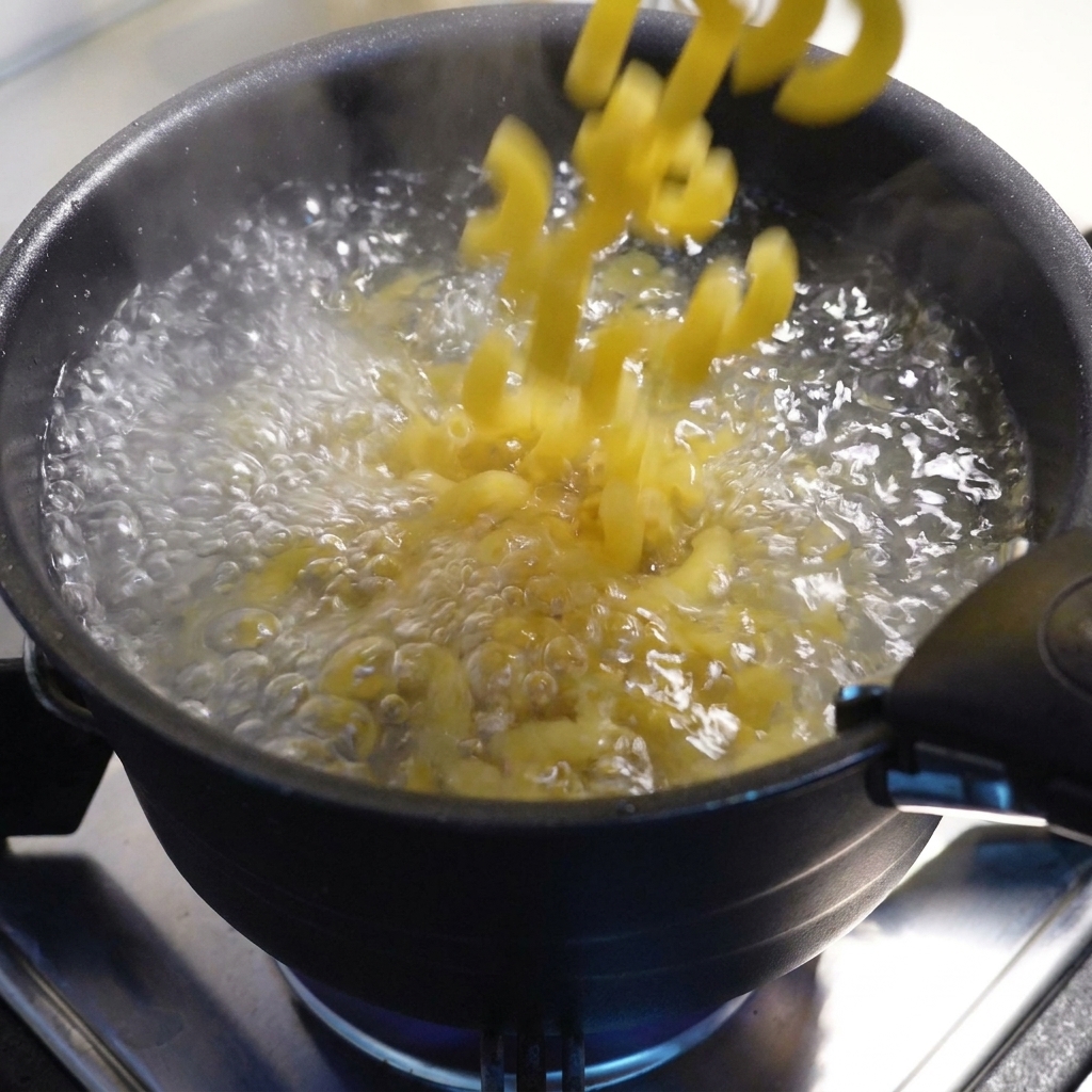 Macarrones secos siendo vertidos en una olla con agua hirviendo.