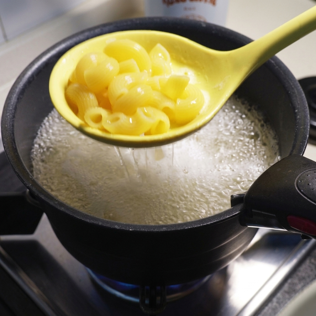 Una espumadera amarilla retirando macarrones cocidos de una olla de agua hirviendo.