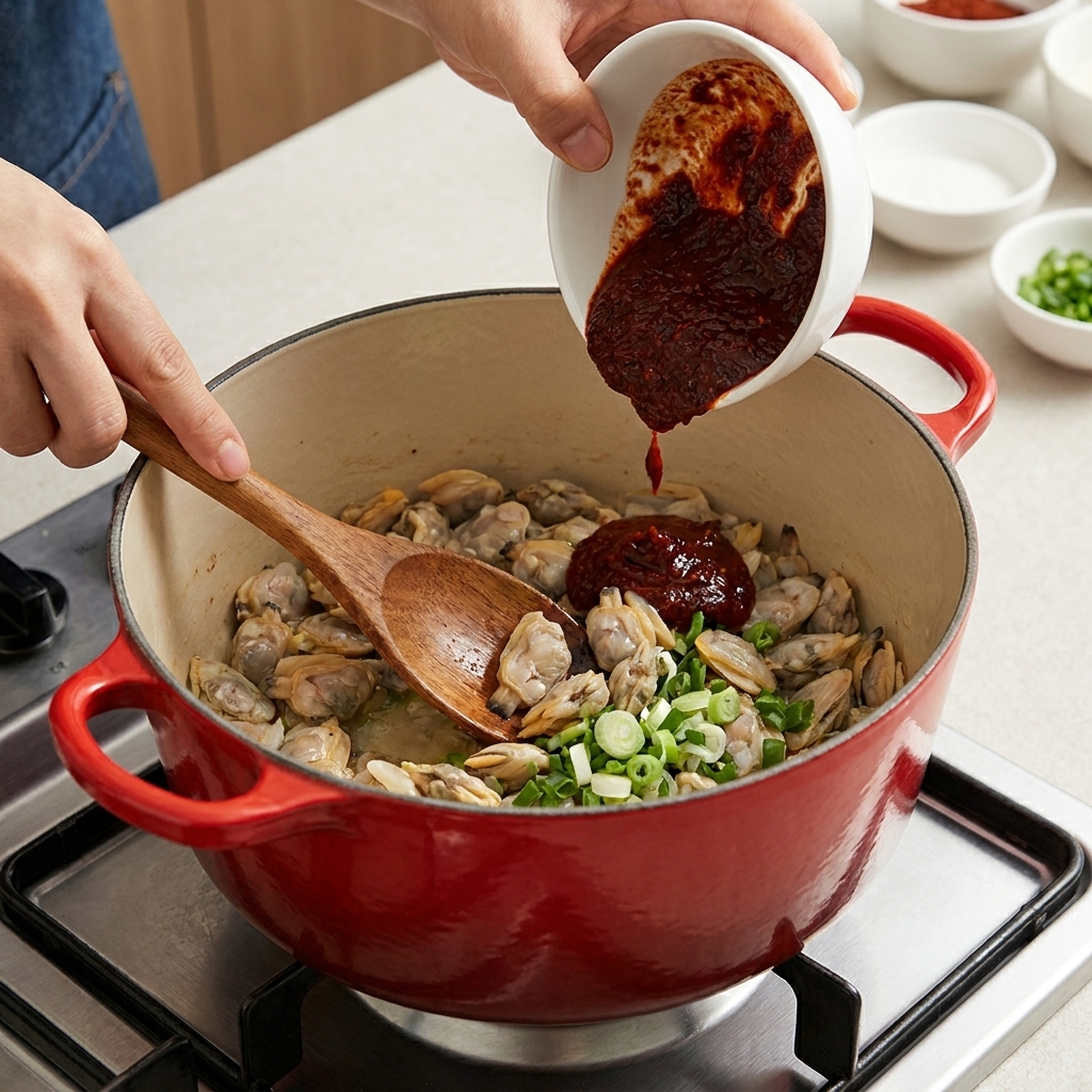 Una mezcla de pasta espesa roja y marrón vertiéndose en la olla con almejas y cebolletas.