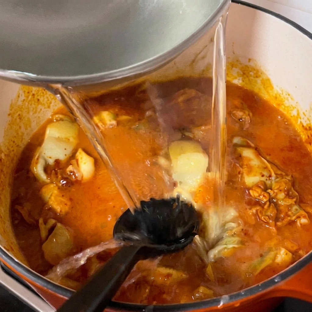 Agua clara vertiéndose en una olla que contiene almejas y pasta picante.