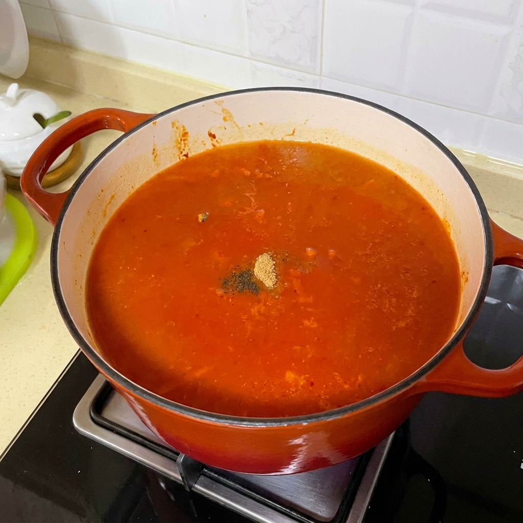 Condimentos en polvo espolvoreándose en un caldo rojo burbujeante.