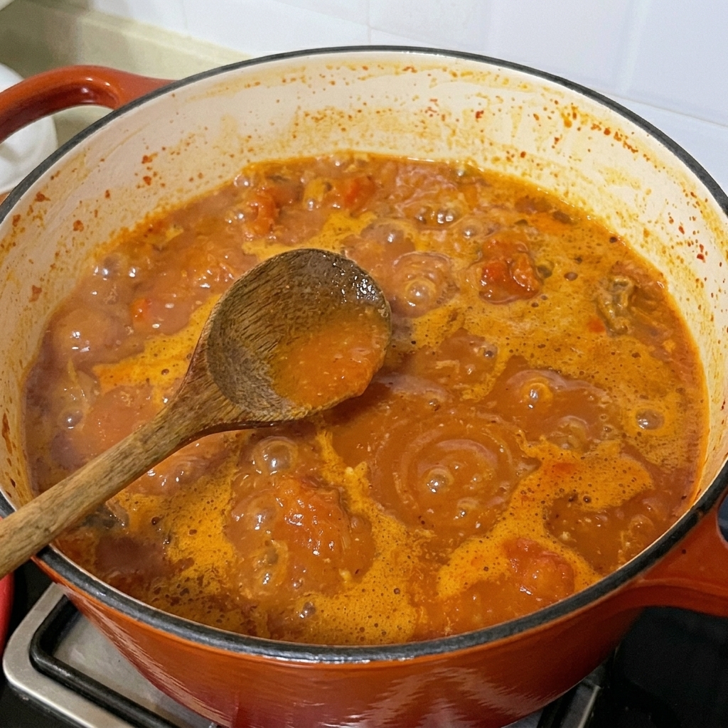 Ajo picado y salsa de soja ligera mezclándose en la rica y roja sopa de almejas.
