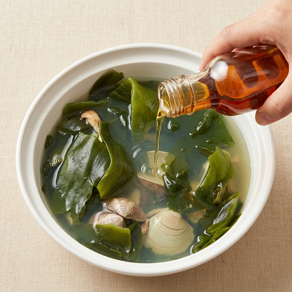 Sopa de almejas y algas terminada con un chorrito de aceite de sésamo.