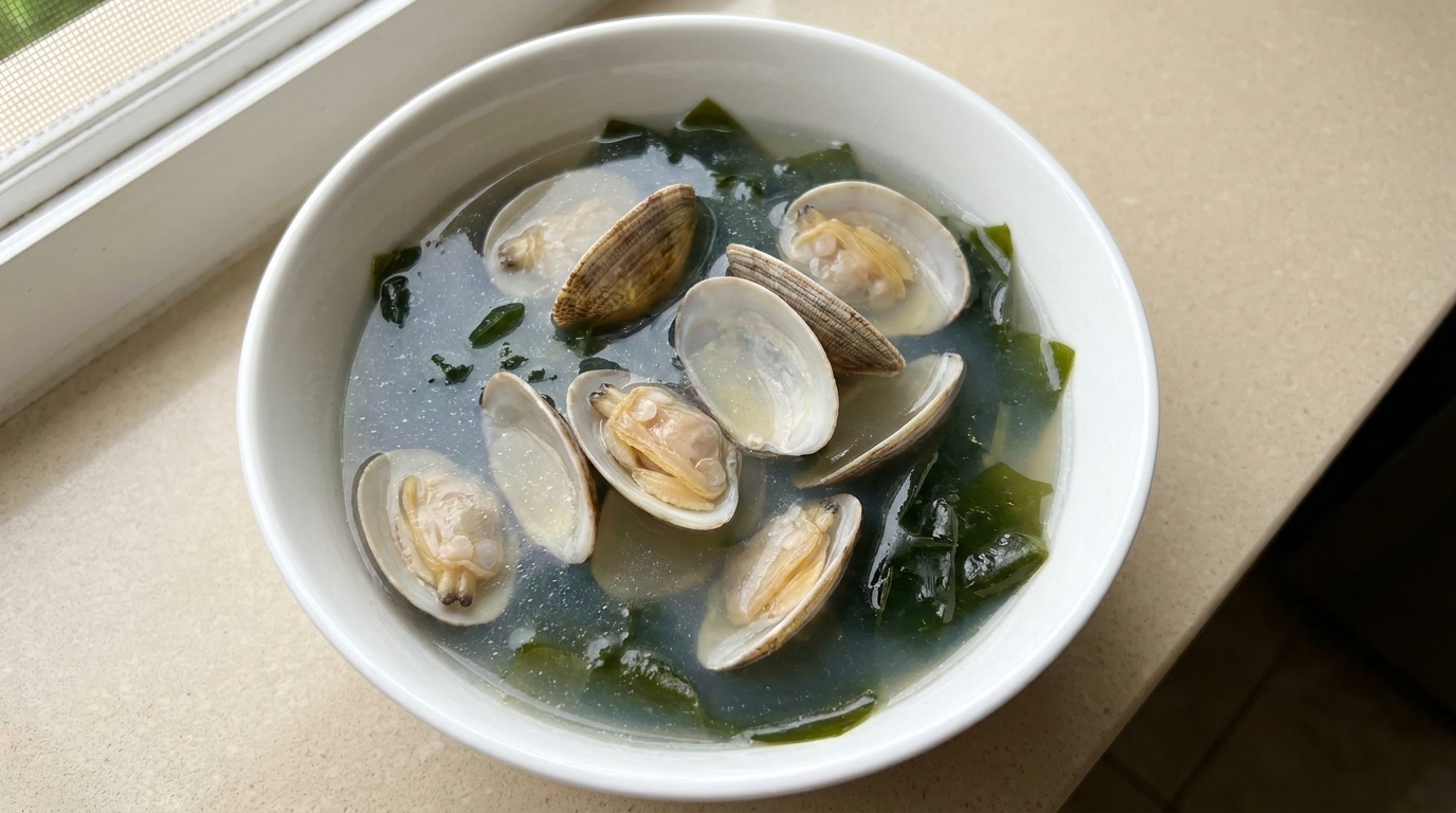 Un cuenco de sopa clara y refrescante de almejas y algas, preparada en el microondas.