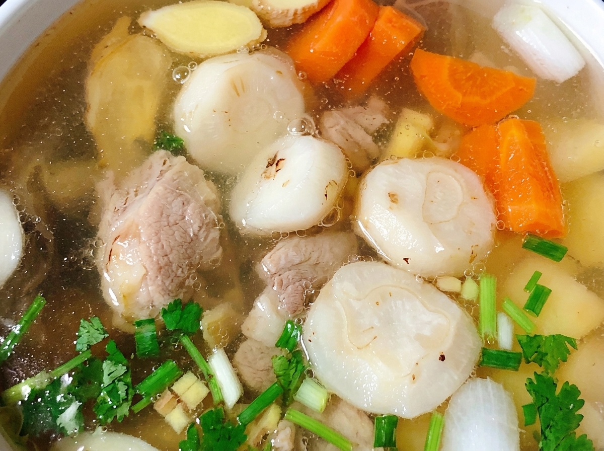 Una olla de sopa de pollo hirviendo con zanahorias, patatas y castañas de agua.
