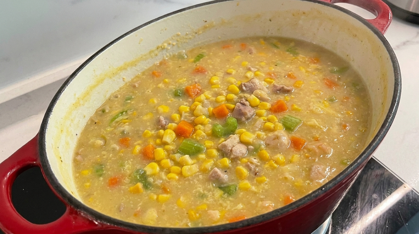 Una espesa y cremosa sopa de pollo y maíz en una olla de hierro fundido roja, mostrando una textura abundante con granos de maíz y tiernos trozos de pollo.