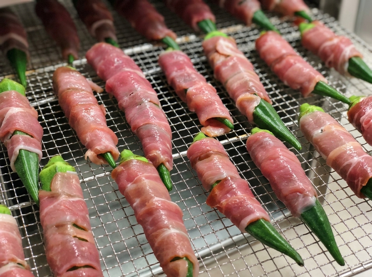 Una rejilla llena de filas de okra envuelta en pato crudo, lista para colocarse en el deshidratador de alimentos.