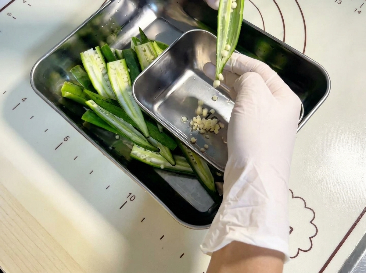 Manos con guantes extrayendo las semillas blancas y los centros de los trozos de okra cortados por la mitad hacia un pequeño recipiente de metal.cite: 1