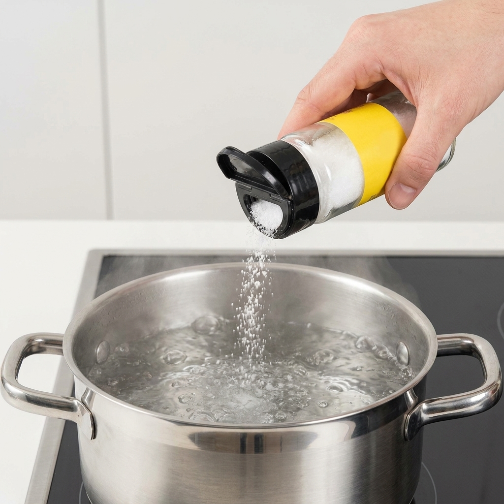 Primer plano de una mano echando sal en una olla con agua hirviendo sobre la estufa.