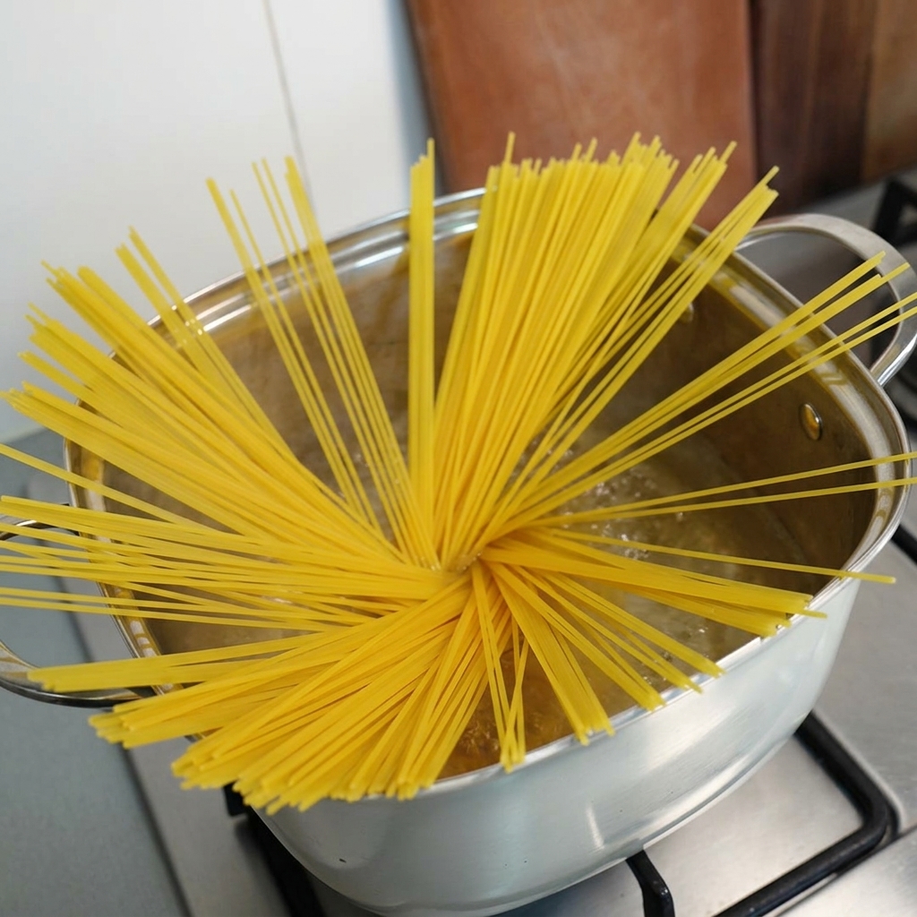 Fideos de espaguetis secos extendidos y sumergiéndose en una olla de agua hirviendo.