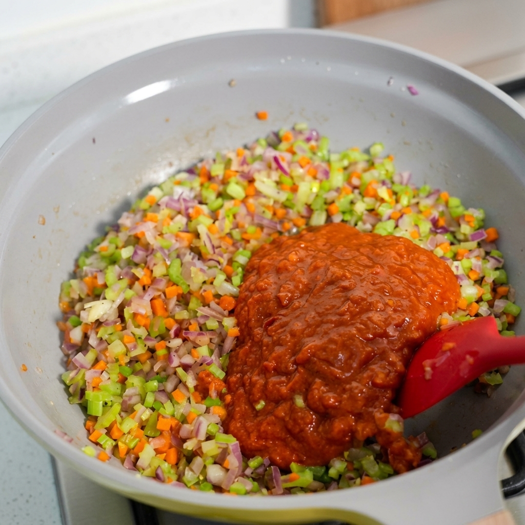 Salsa de tomate siendo vertida en una sartén con verduras sofritas.
