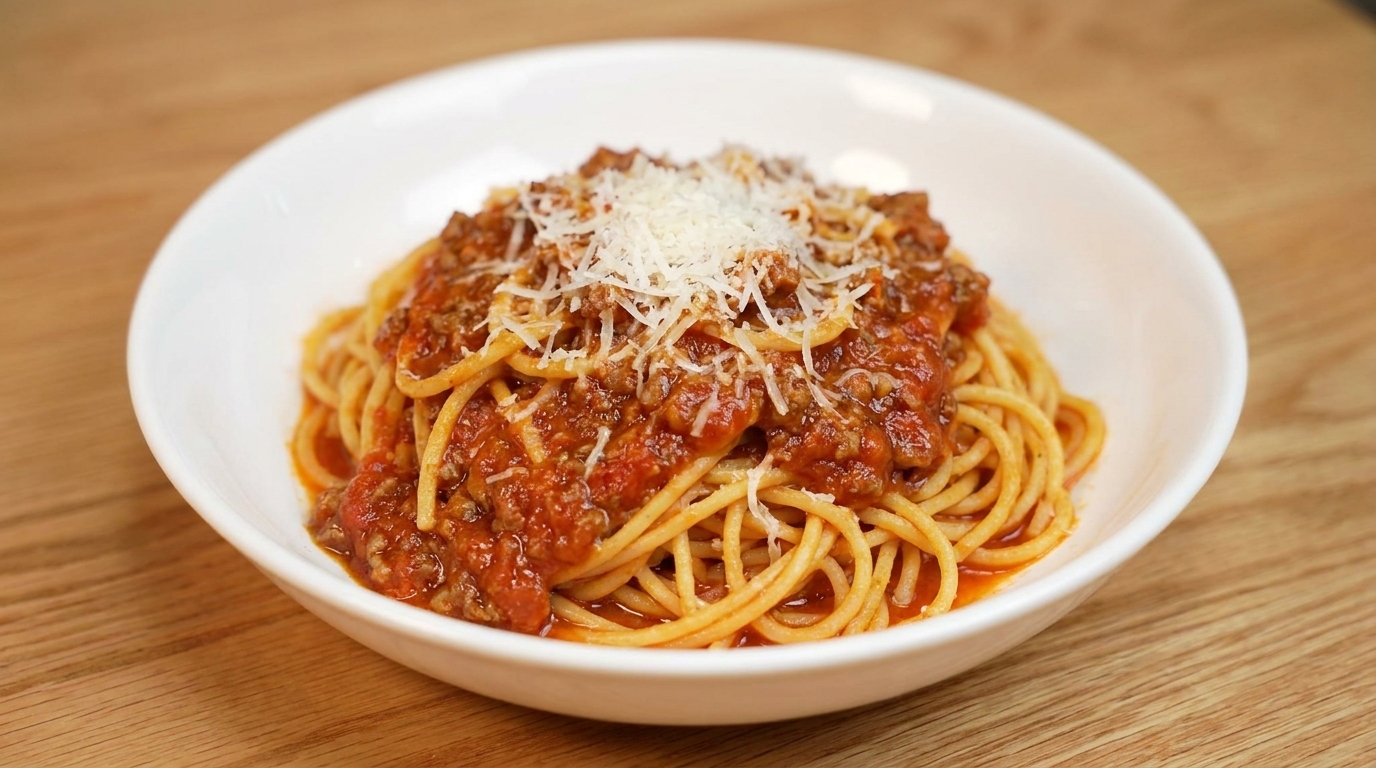 Un reconfortante plato de espaguetis cubiertos con una rica salsa de carne y tomate con queso parmesano recién rallado.