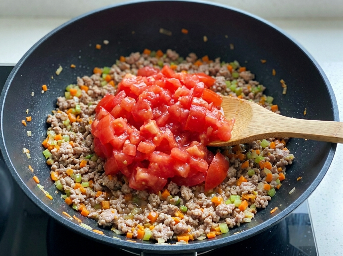 Tomates frescos troceados y una cucharada de concentrado de tomate rojo siendo añadidos a la base de carne y verduras en un wok.