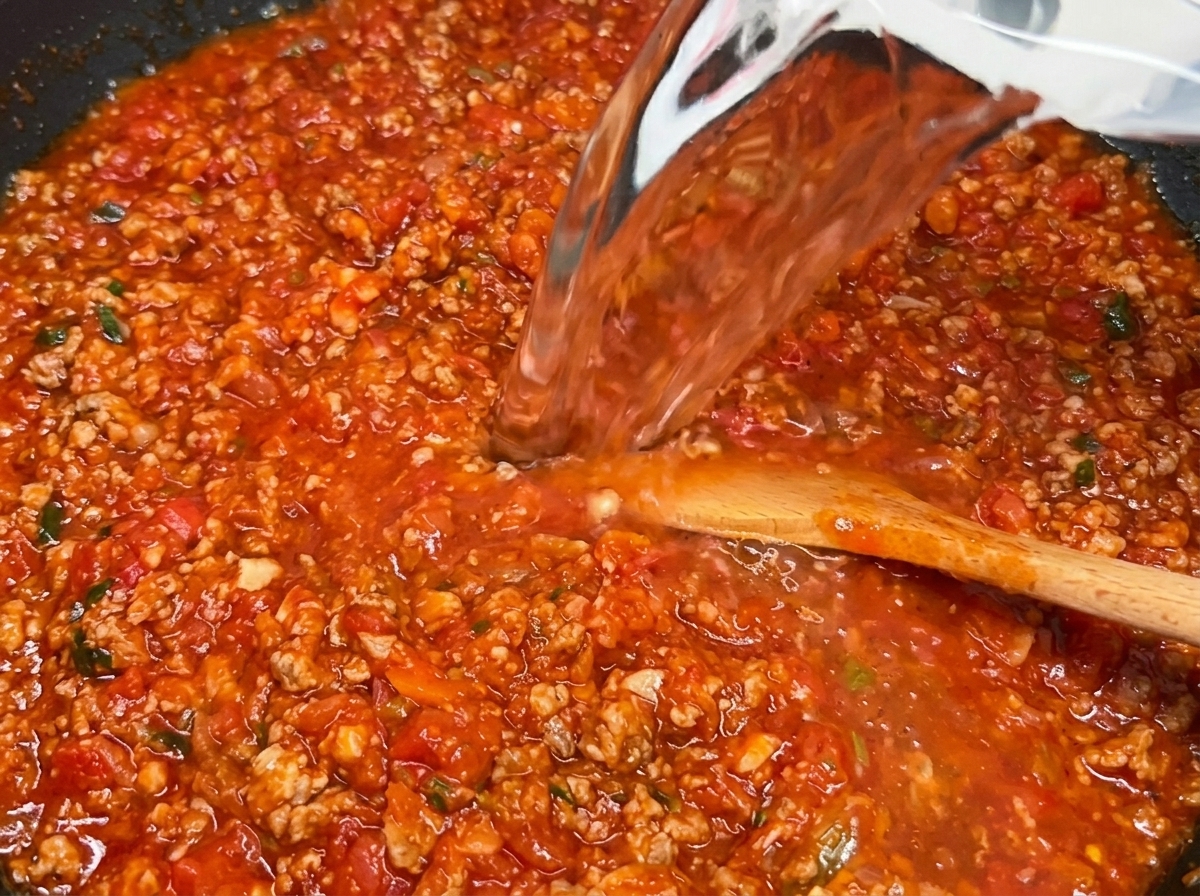 Agua siendo vertida desde un recipiente transparente hacia una espesa y vibrante salsa de carne y tomate en una sartén grande.