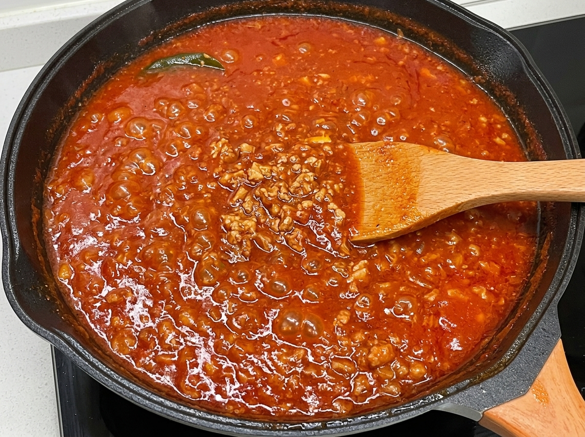 Salsa de carne y tomate hirviendo a fuego lento siendo removida con una cuchara de madera en una sartén oscura, mostrando una consistencia suave y espesa.