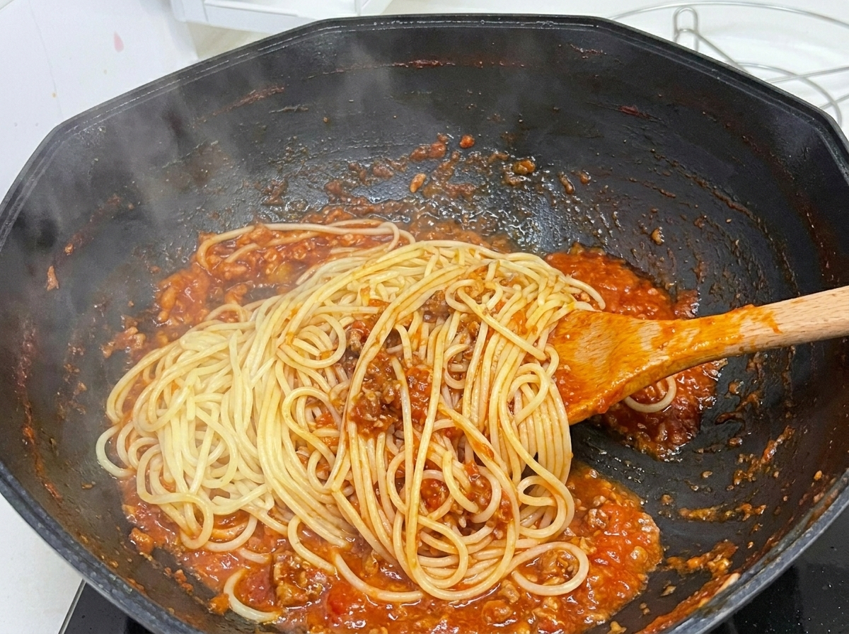Espaguetis cocidos mezclándose con una rica salsa de carne y tomate en un wok negro con una cuchara de madera, con vapor saliendo.