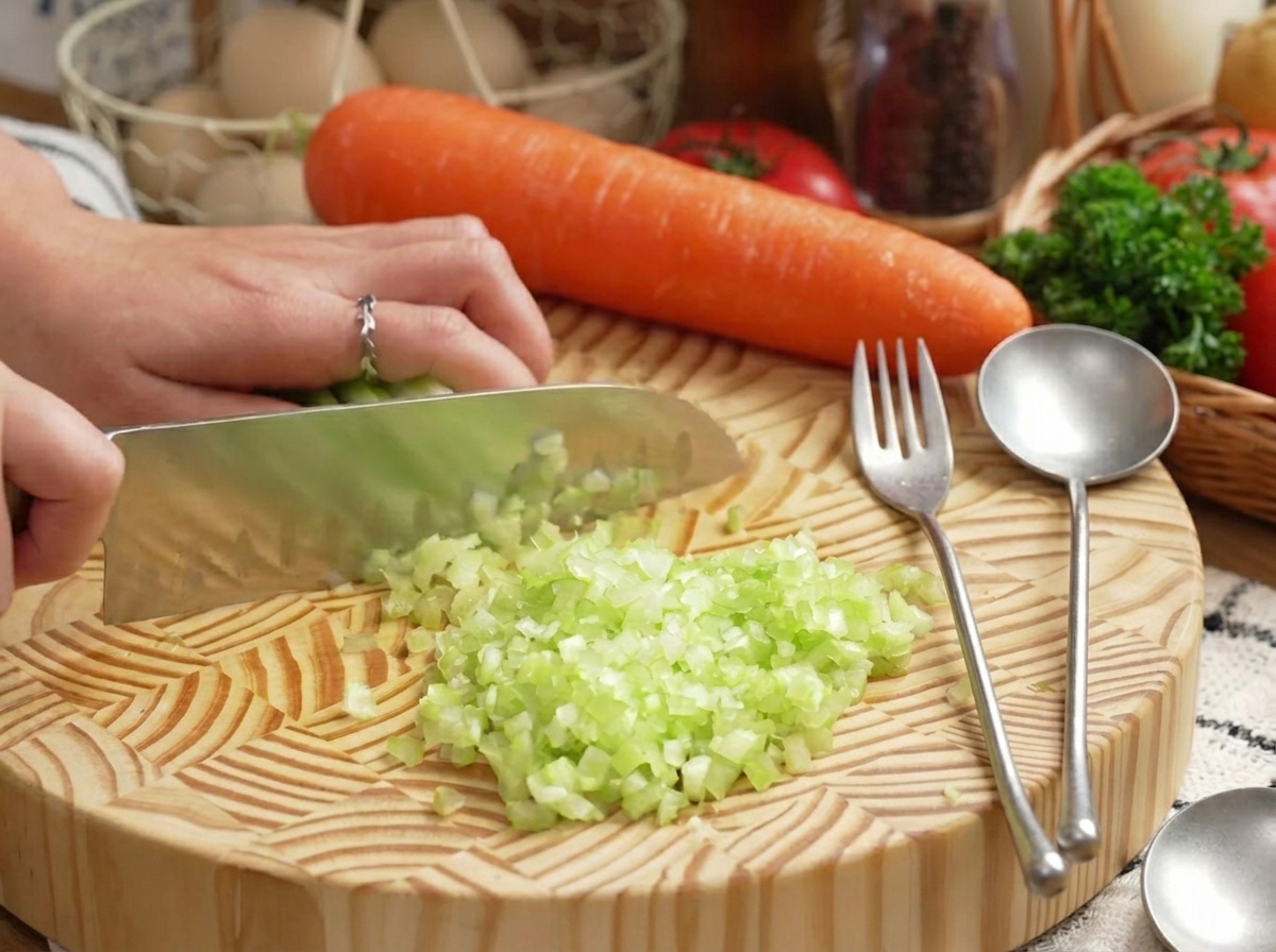 Manos usando un cuchillo grande para picar apio verde en una tabla de cortar de madera redonda.
