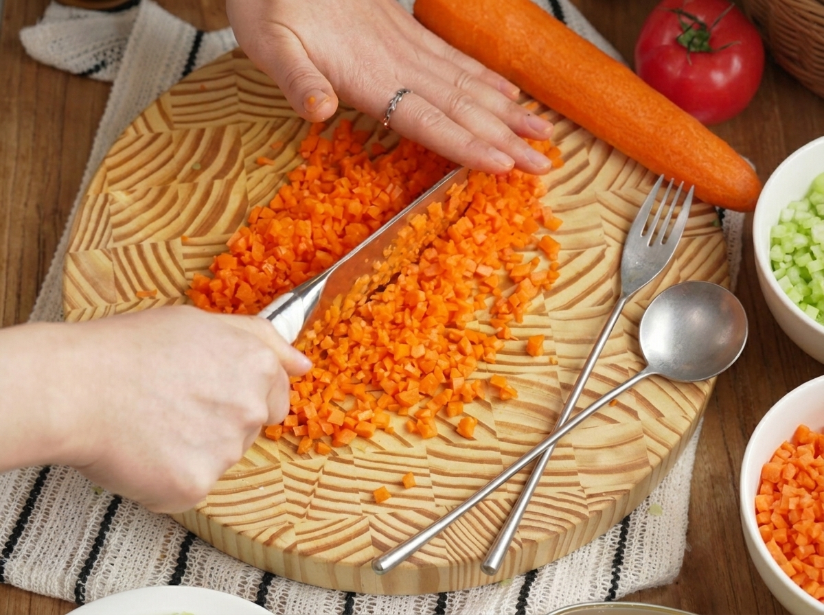 Manos cortando finamente zanahorias de color naranja brillante en una tabla de cortar de madera con un cuchillo.