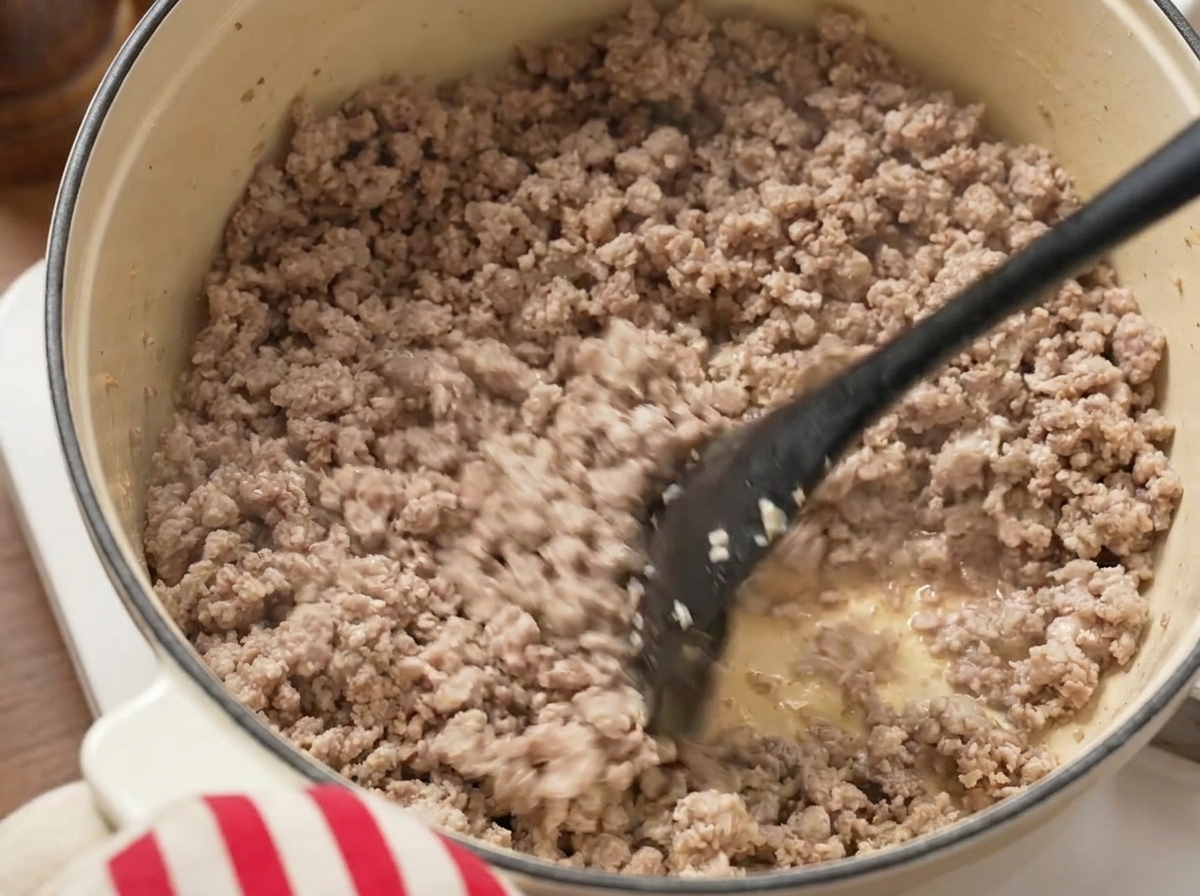 Sofriendo una mezcla de carne de cerdo y ternera picada en una olla con una espátula negra.