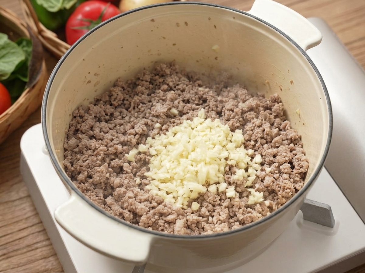 Un montón de ajo fresco picado añadido sobre carne picada dorada en una olla blanca.