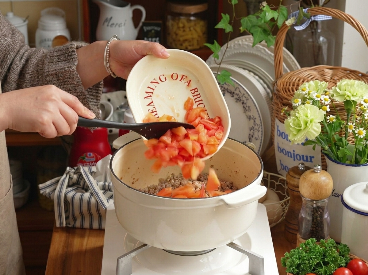 Tomates frescos cortados en dados que se añaden a la mezcla de carne cocida en la olla.