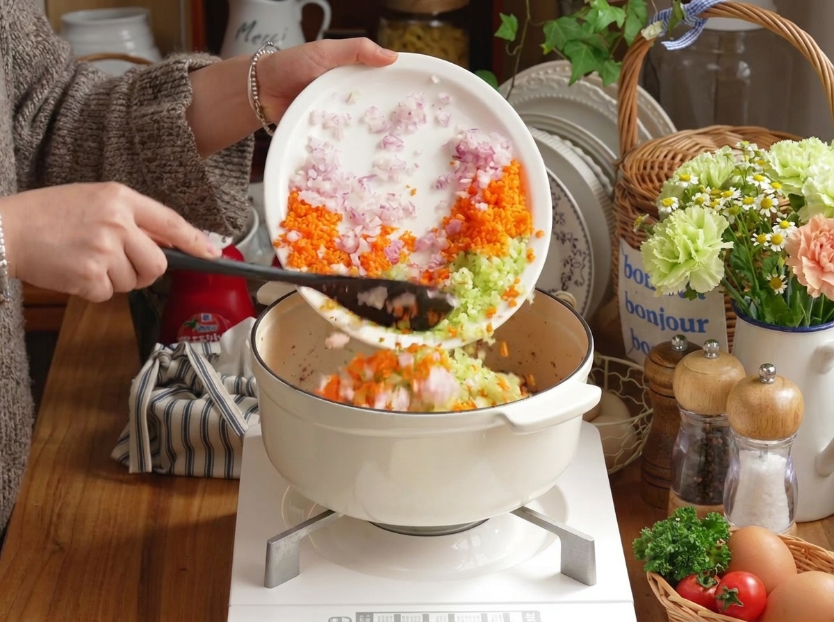 Zanahorias, apio y cebollas picadas que se añaden a la mezcla de carne y tomate.