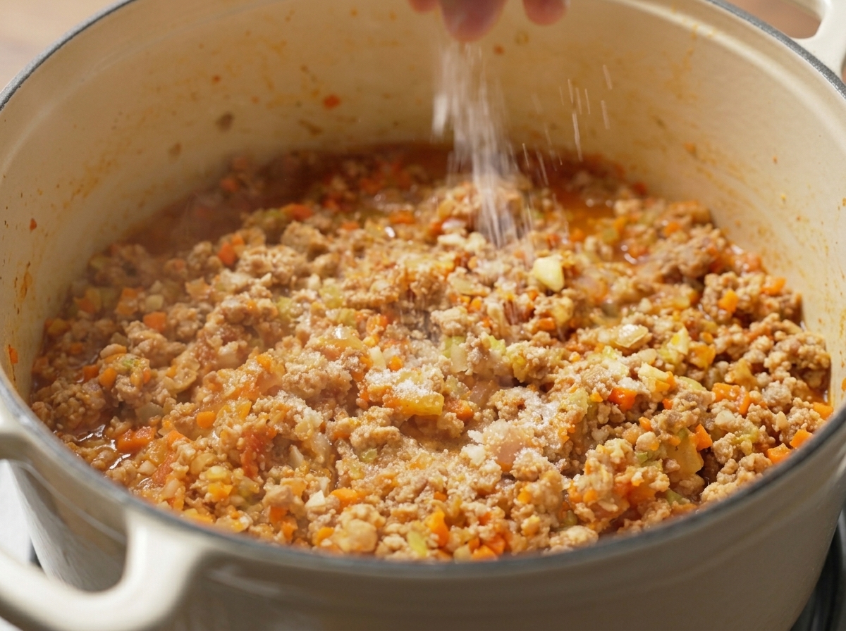 Sal espolvoreada sobre la mezcla de carne y verduras dorándose en la olla.