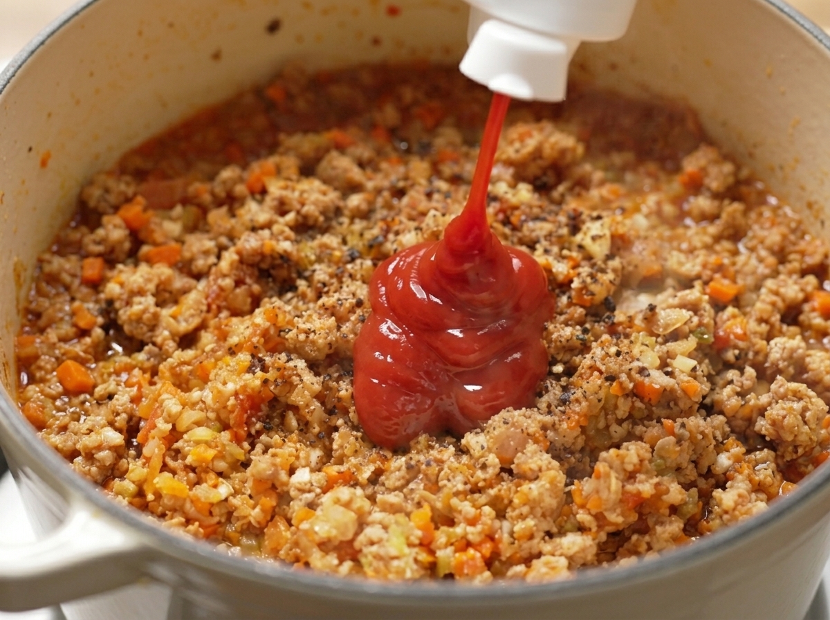 Ketchup que se añade a la salsa de carne en la olla, con pimienta negra visible ya mezclada.