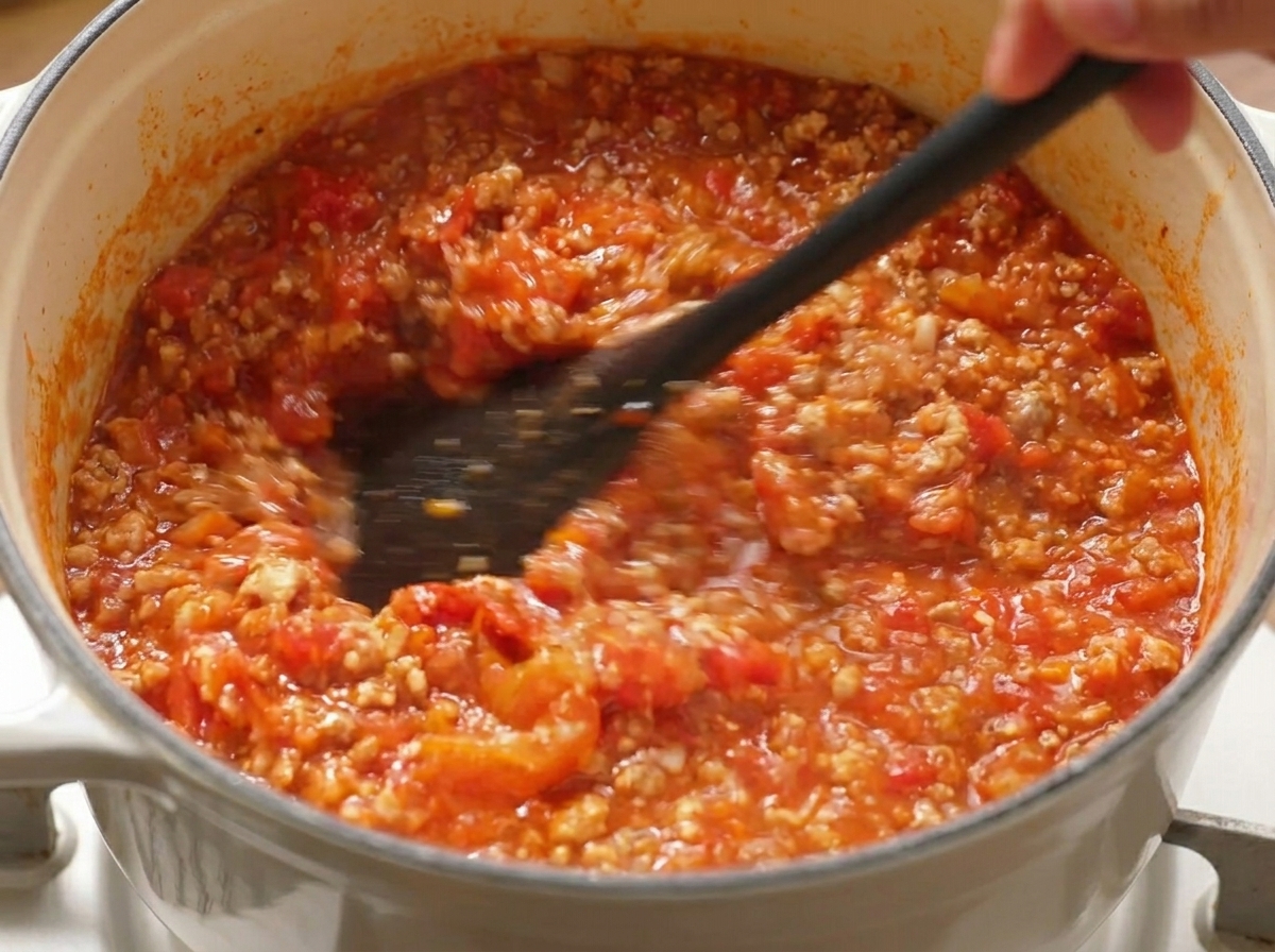 Espátula mezclando tomates en dados y verduras finamente picadas en carne picada dorada en una olla blanca.