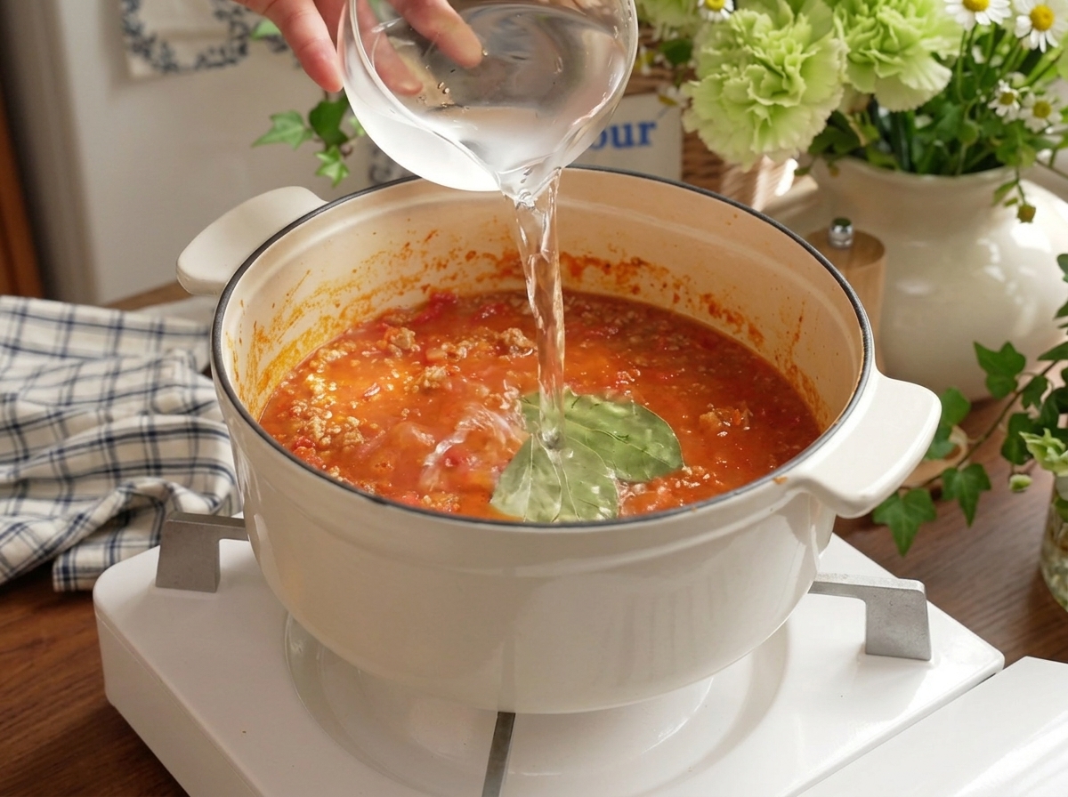 Agua clara que se vierte desde un pequeño tazón de vidrio a una olla que contiene salsa de carne con tomate y hojas de laurel.