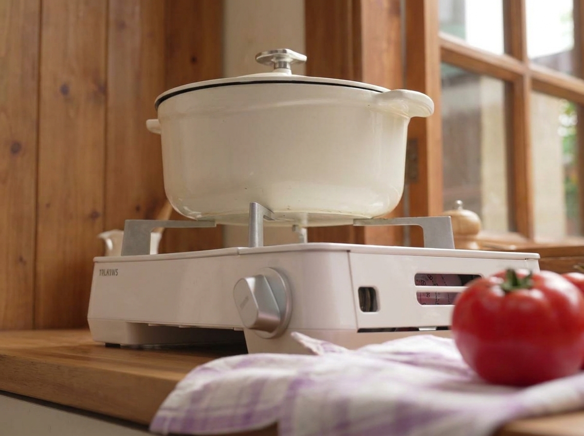 Una tapa colocada sobre una olla blanca en una estufa, con la salsa cocinándose a fuego lento en su interior.