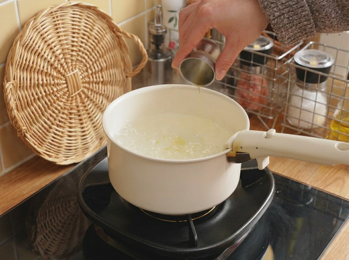 Aceite que se vierte desde una pequeña taza medidora de metal en una olla con agua hirviendo.