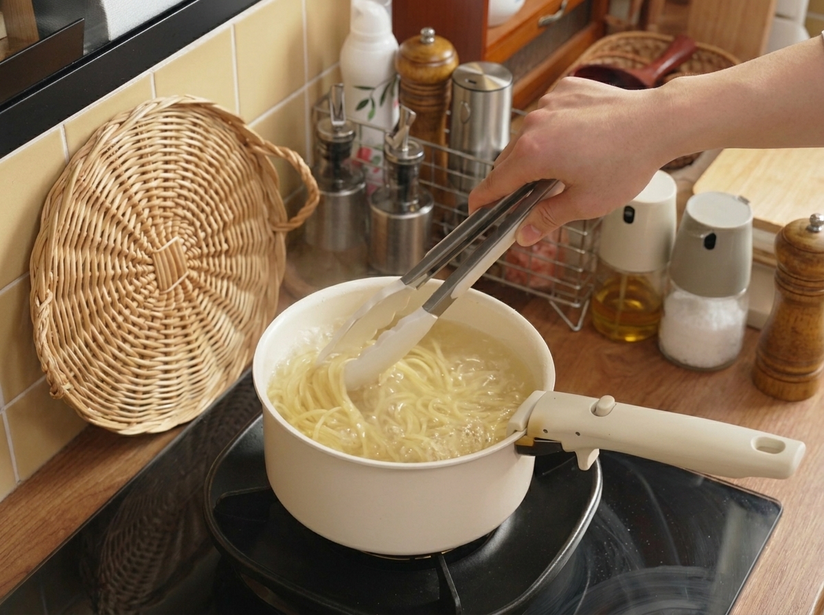 Pinzas de metal que se utilizan para remover y sumergir los espaguetis que se cocinan en una olla con agua.