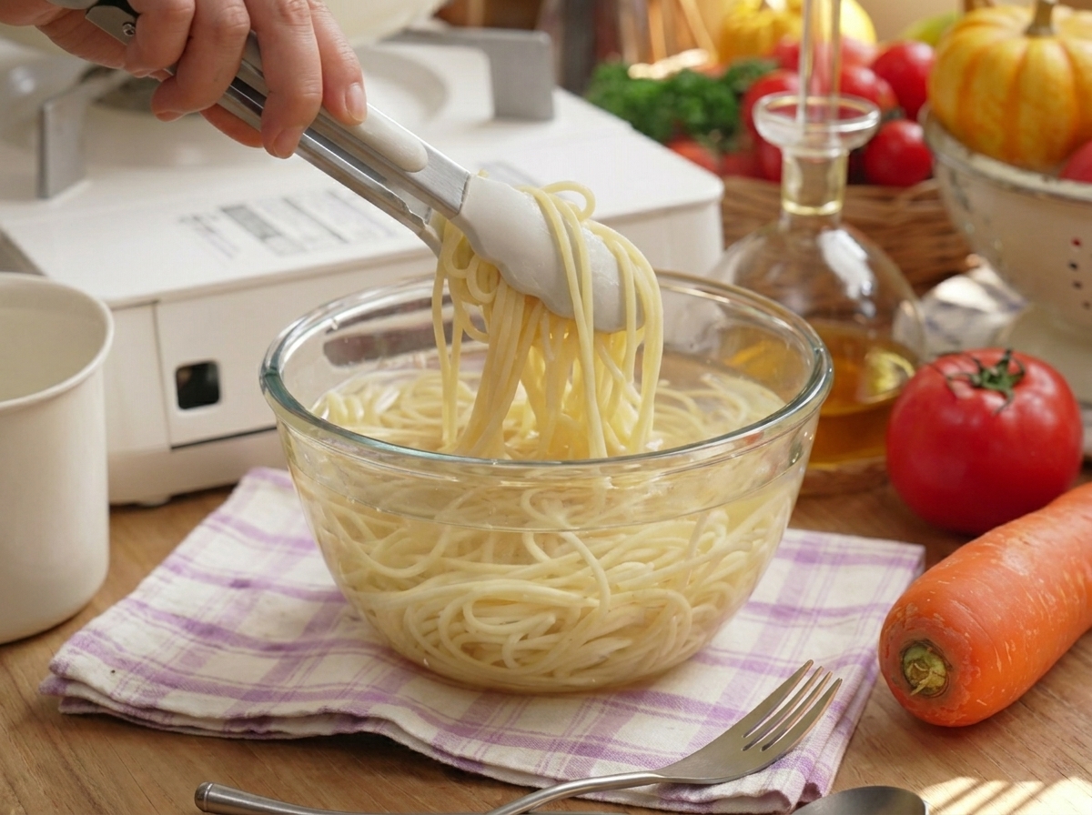 Espaguetis cocidos que se transfieren con pinzas desde una olla hirviendo a un bol de cristal con agua fría.
