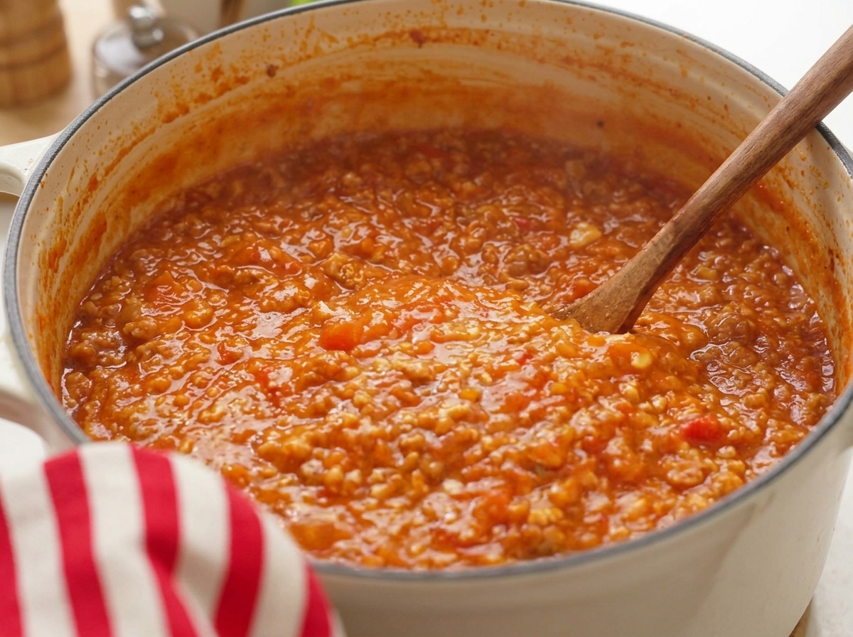 Una espesa salsa de carne y tomate de color intenso cociendo a fuego lento en una olla, siendo removida con una cuchara de madera.