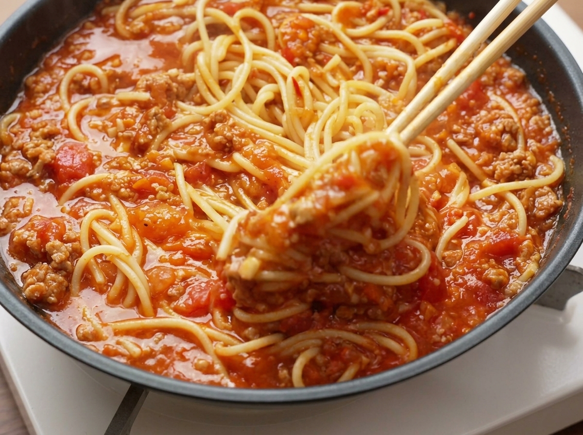 Espaguetis y salsa de carne mezclándose en una sartén usando palillos de madera para cubrir uniformemente los fideos.
