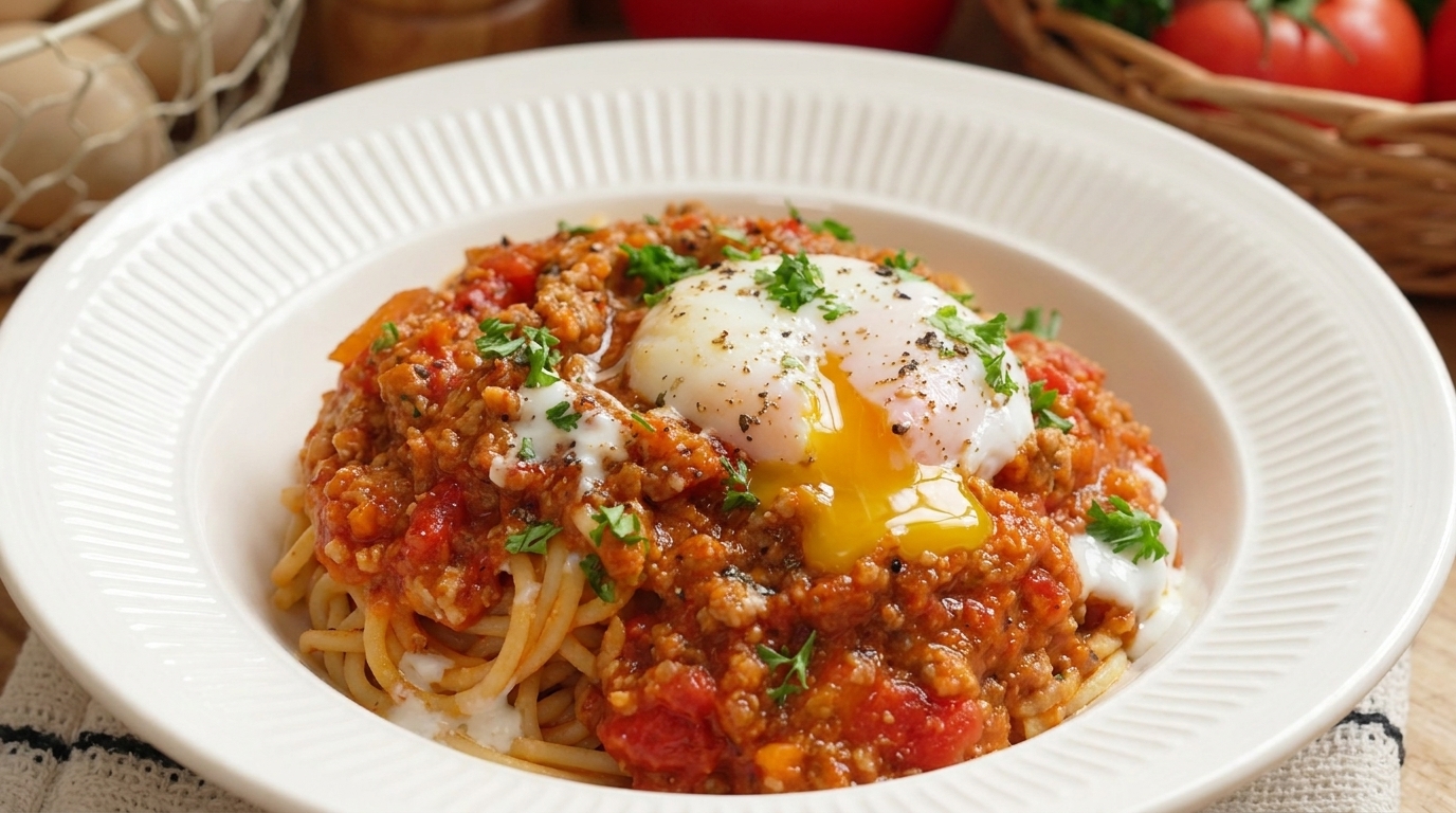Espaguetis con Salsa de Carne y Tomate con Huevo Onsen