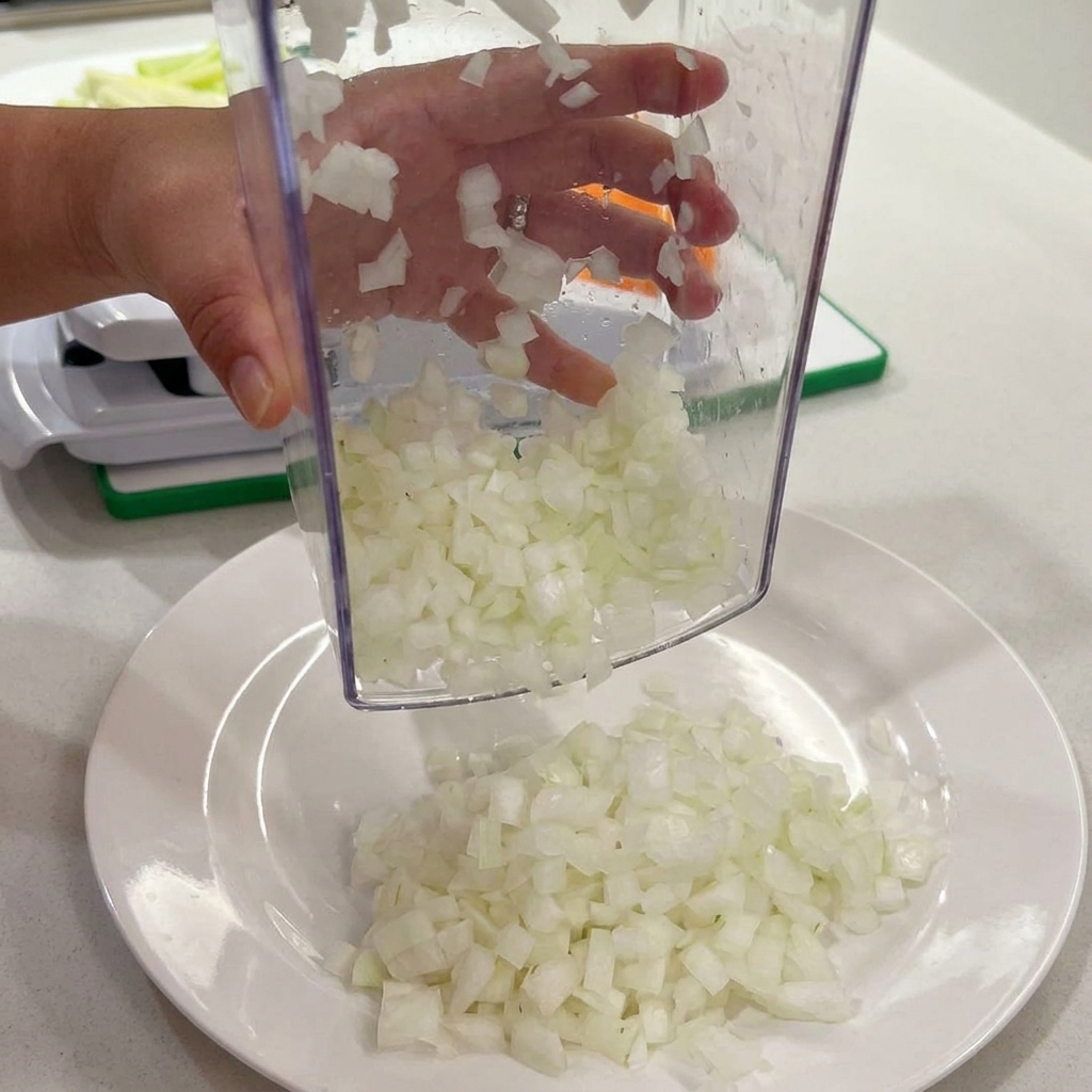 Una mano usando un picador de verduras de plástico transparente para dispensar cebollas blancas picadas en un plato blanco.