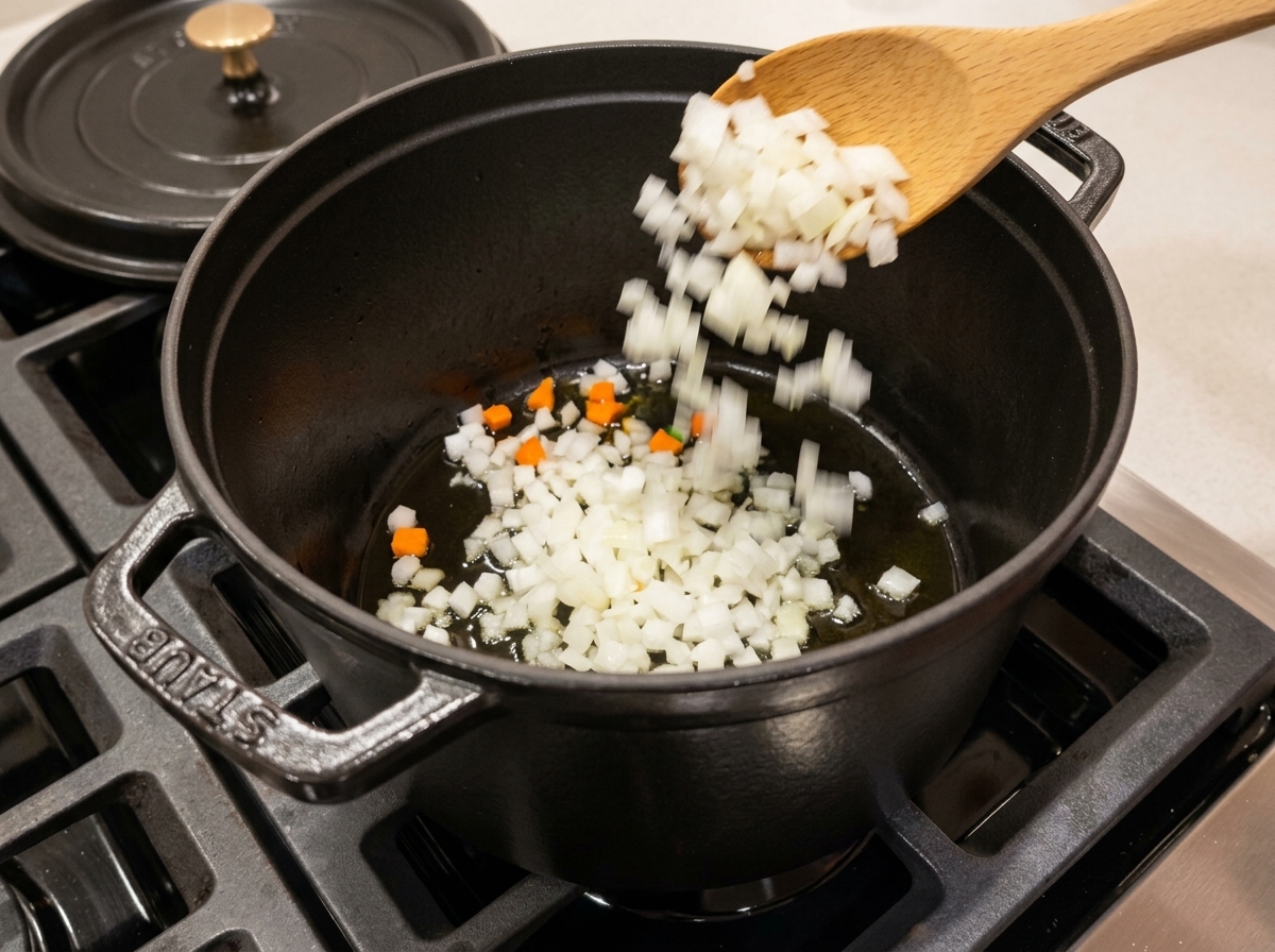 Cebollas picadas cayendo de una cuchara de madera a una olla oscura con aceite caliente.